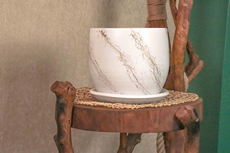 Ev Dekorasyon  Beyaz Üzeri Gold Tabaklı Terracota Toprak Saksı Saksılık Salon Çiçeklik 19 CM